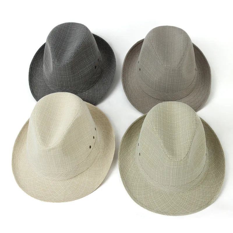 A men's brown fedora hat made from thickened suit material on a grey background.