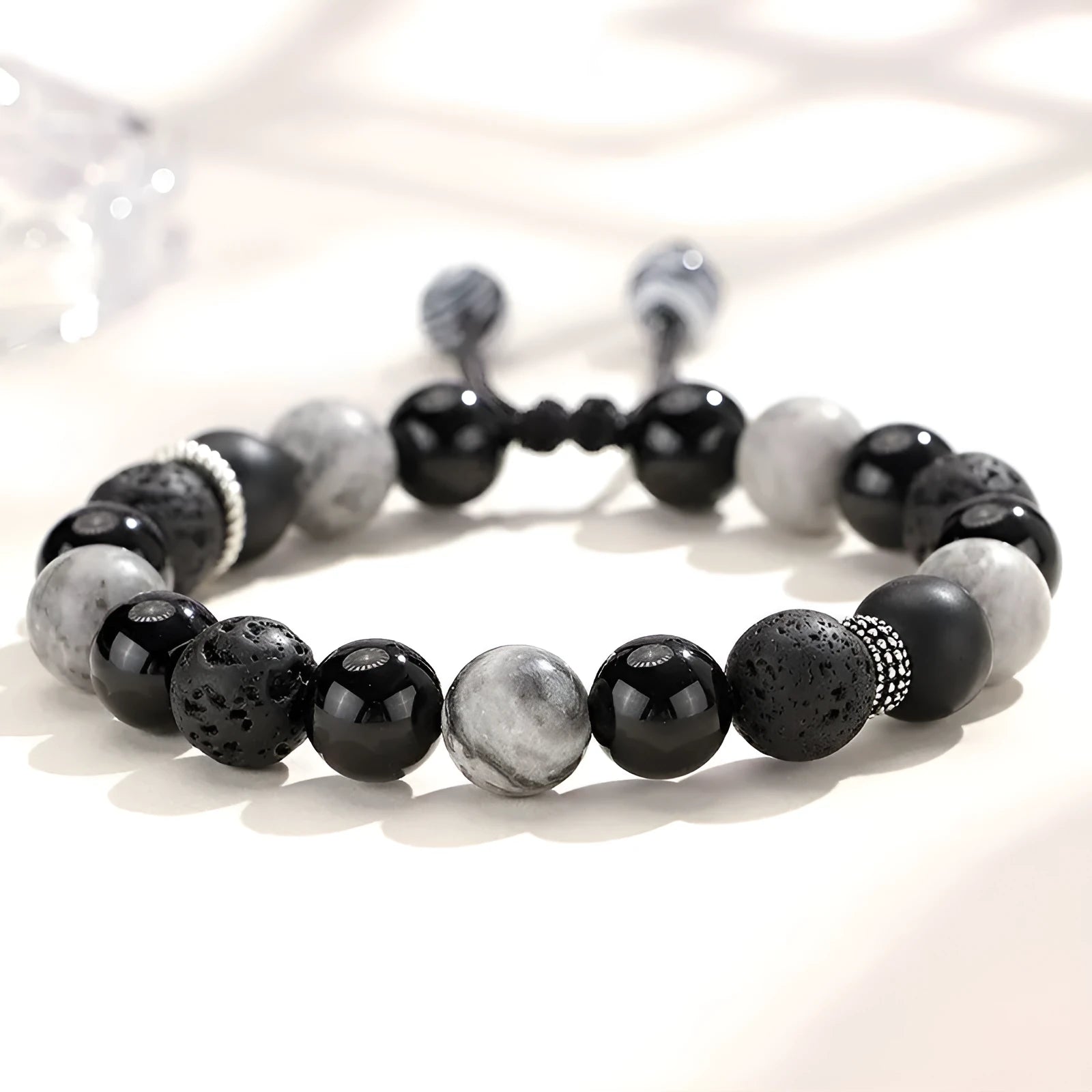Black agate map stone and volcanic rock diamond-shaped beads on elastic cord bracelet, electroplated finish, 8mm size
