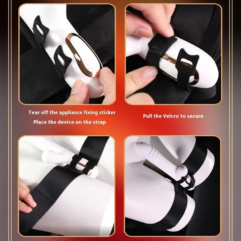 Black knitted sex toy strap for adult toy positioning and hands-free use