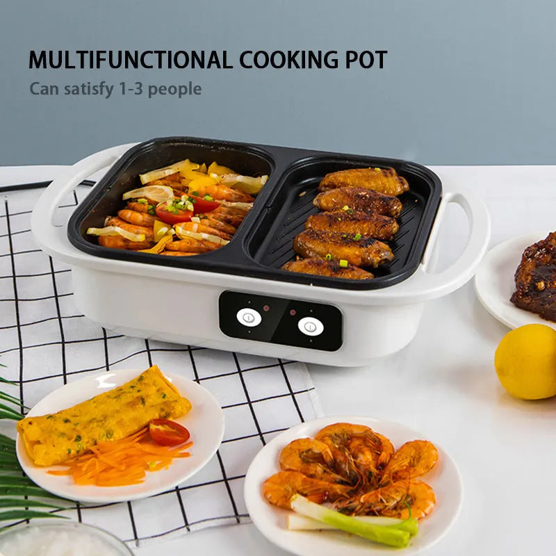 White or green household electric hot pot and frying cauldron oven with mechanical dials, 390mm wide.