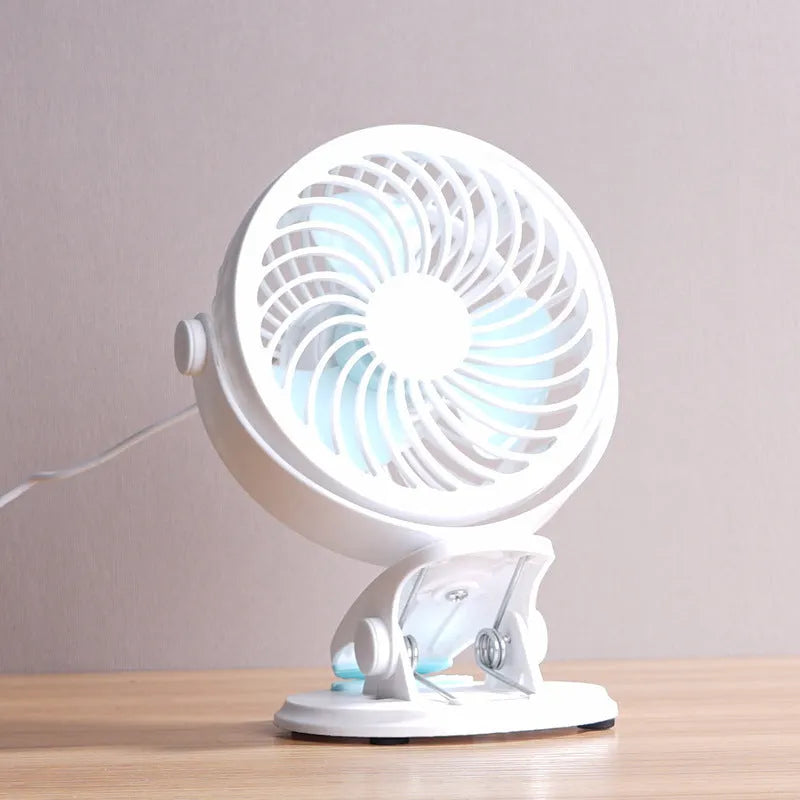 USB-powered desk fan with three blades, available in mini clip or floor styles