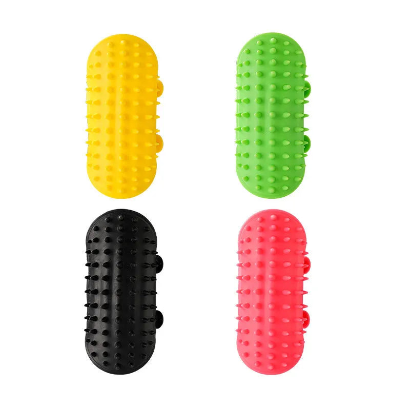 Silicone cat grooming brush with adjustable strap and rounded comb teeth in four colour options