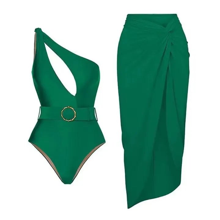 Women's one-piece swimsuit with gauze skirt in polyester fabric