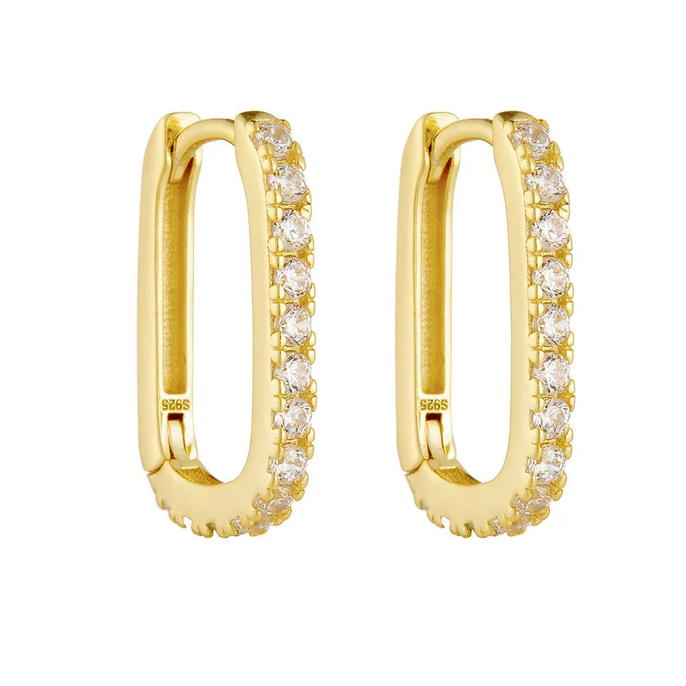 S925 sterling silver oval zircon earrings with geometric quadrilateral design