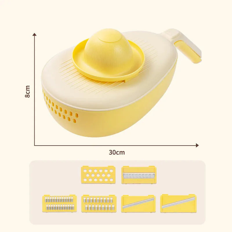 Vegetable grater slicer with six sabres and bottom storage box in avocado green colour on a kitchen counter