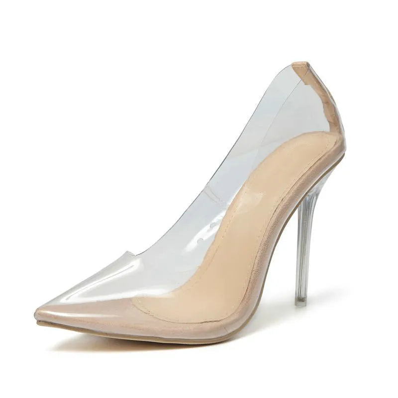 Women's transparent suede pointed stiletto pumps low-cut shallow mouth height increasing shoes apricot colour