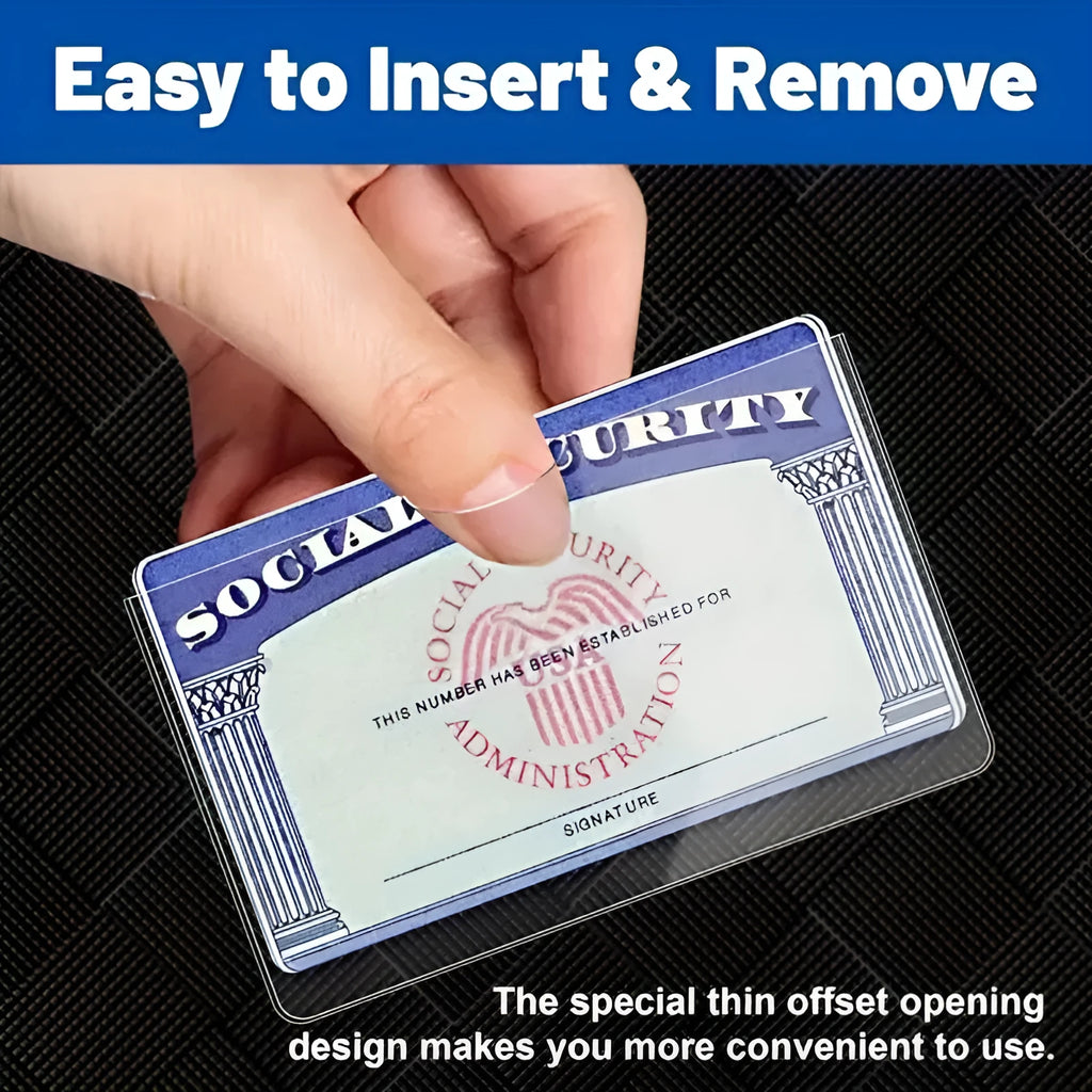Clear PVC waterproof social security card holder showing size 9.7cm by 5.9cm