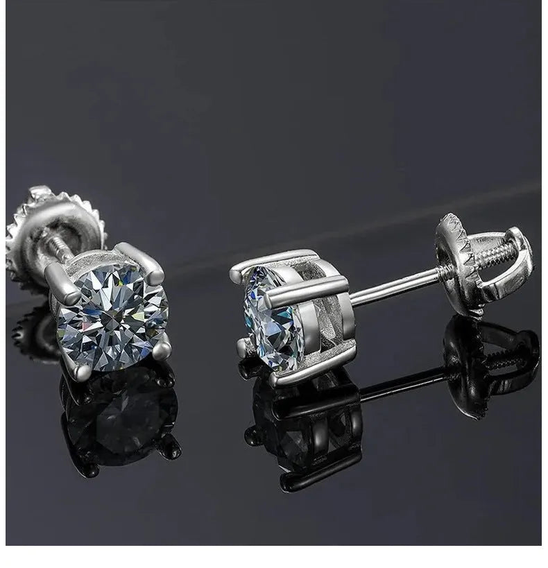 Geometric screw-back moissanite stud earrings with four-claw setting on silver, 7mm width