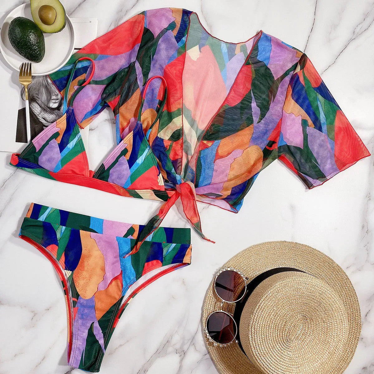 Red printed women's split swimsuit for swimming and surfing