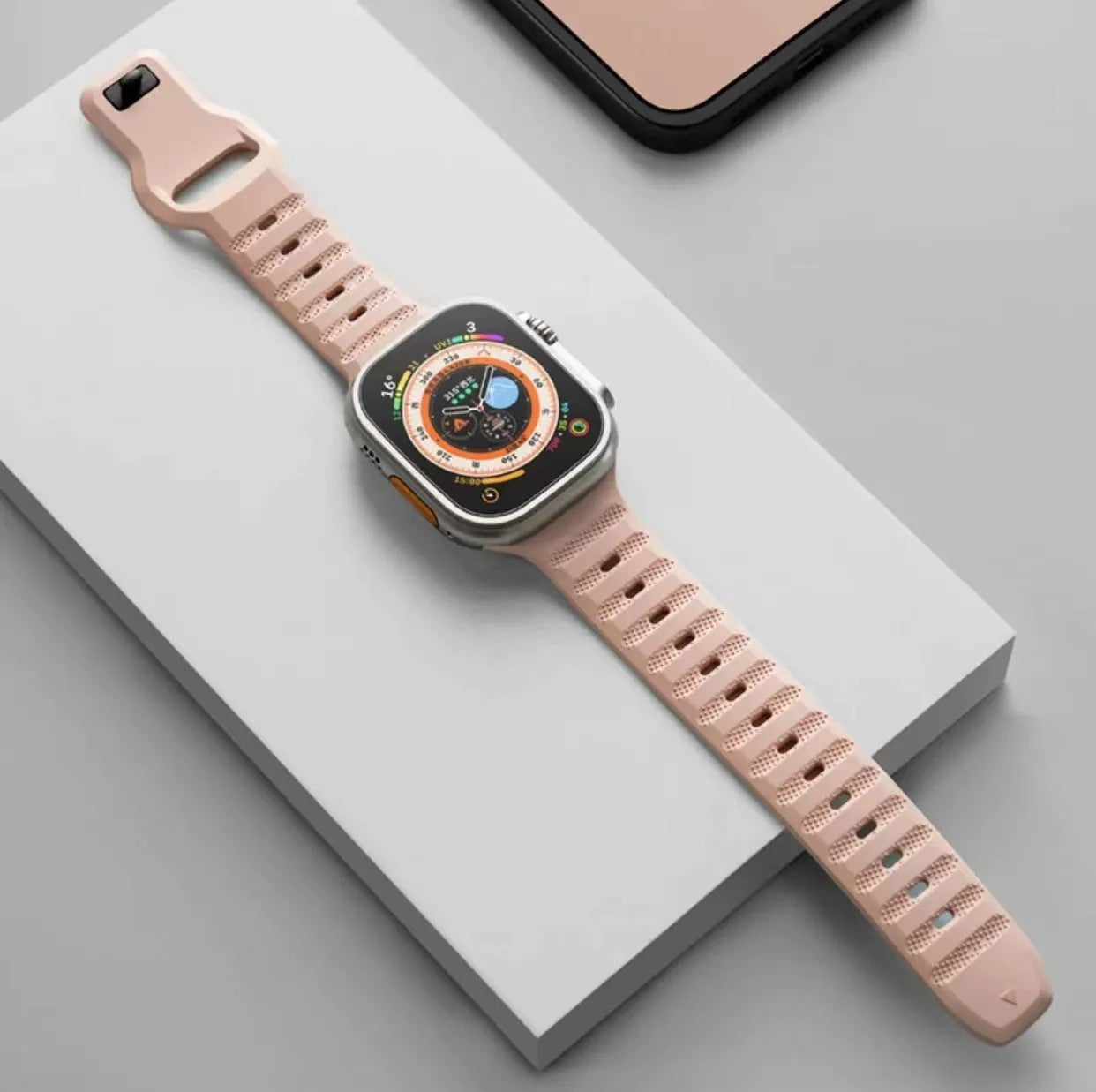 Fluoro rubber Apple Watch replacement strap in multiple colours with T buckle, compatible with Ultra and Series 8 to 1 models.