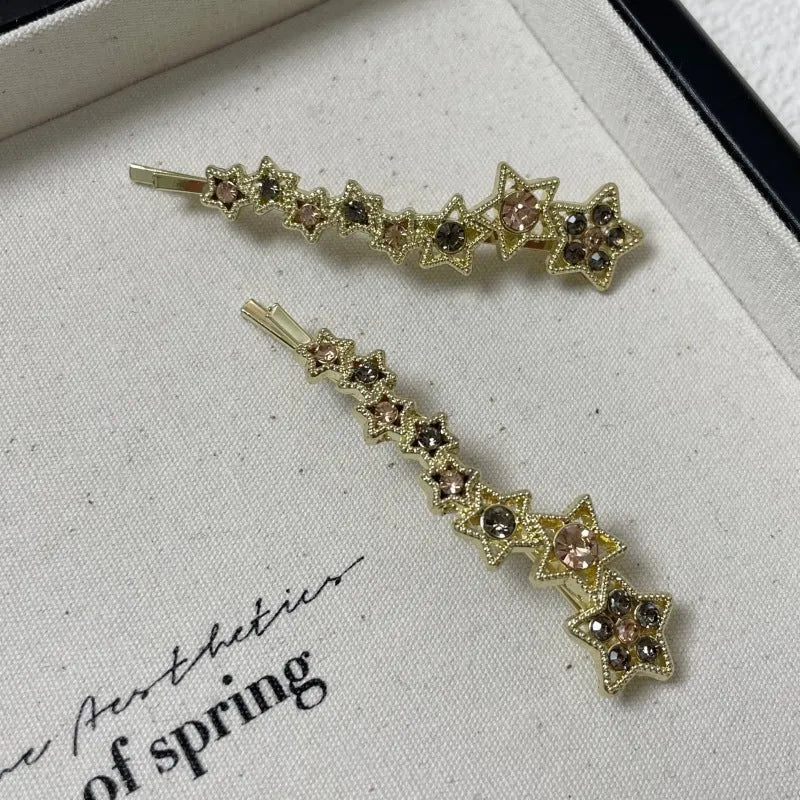 Gold alloy rhinestone barrette clip with five-pointed star and single word design for side bangs