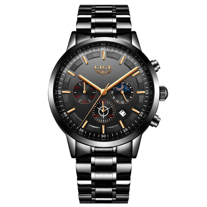 Men's black and rose gold waterproof sports watch with a quartz movement on a wrist.