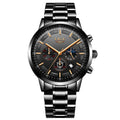Men's black and rose gold waterproof sports watch with a quartz movement on a wrist.
