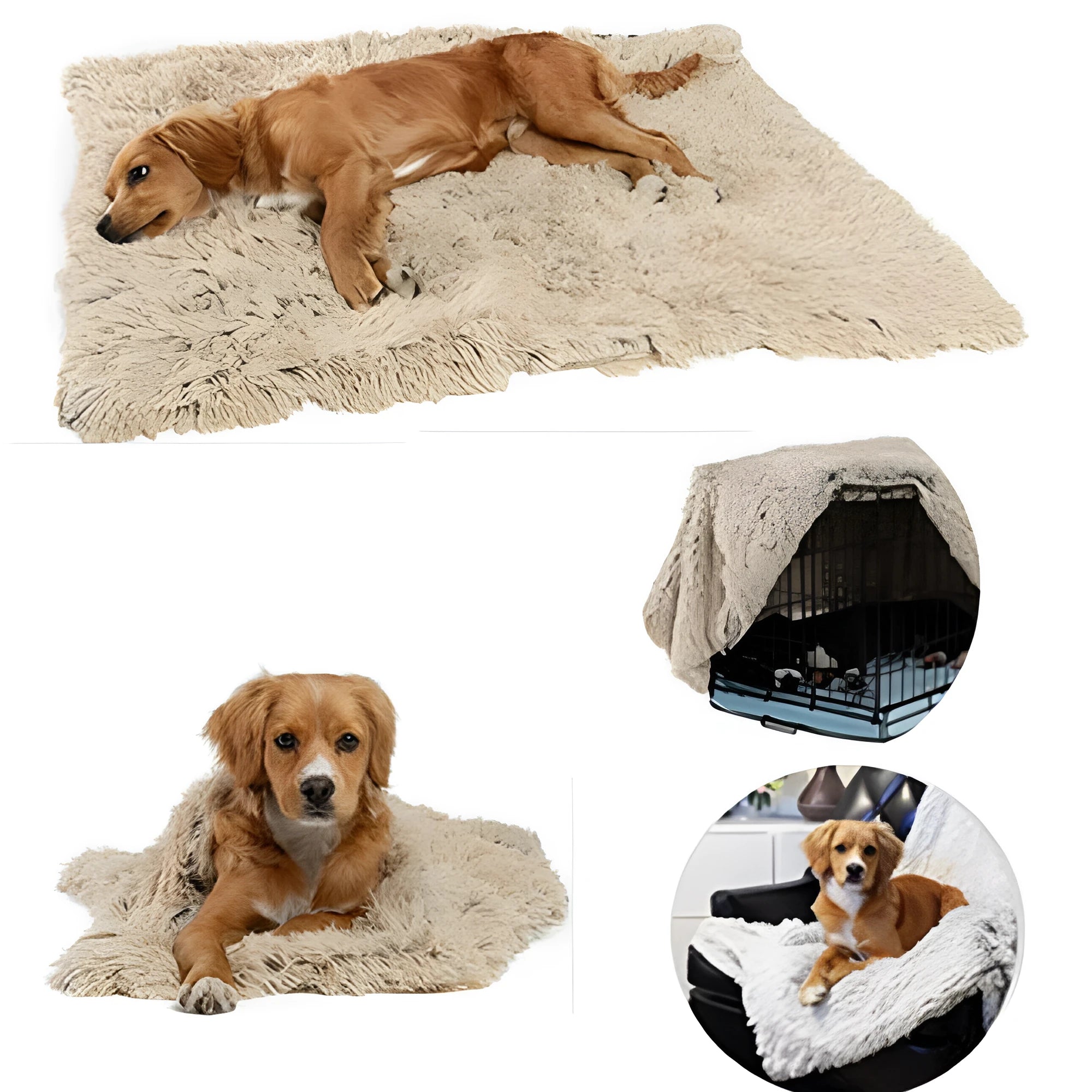 Soft long plush dog blanket in dark grey, shown on a floor next to a pet kennel.
