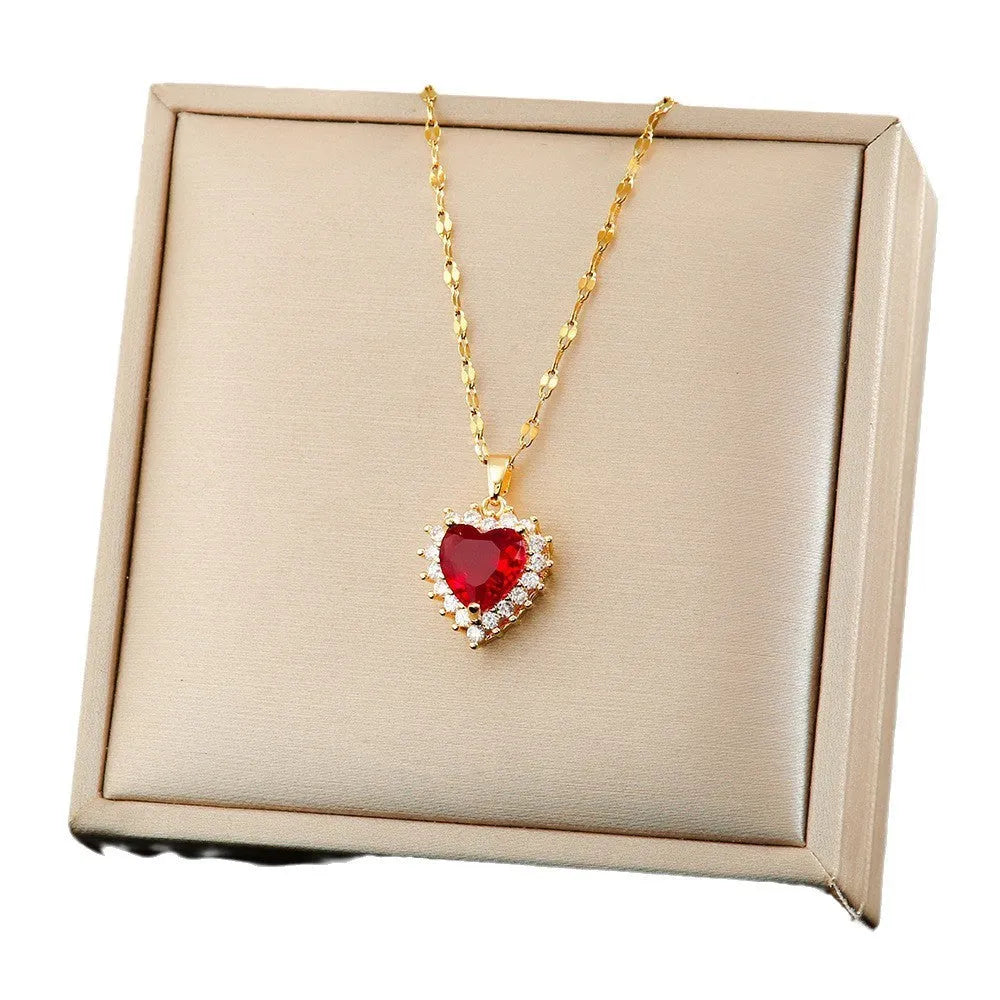 Gold red titanium steel heart flower necklace set with matching earrings and ring on water wave chain