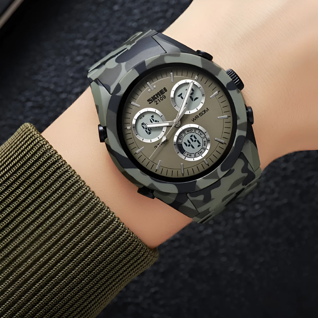 Unisex digital casual watch with a black camouflage pattern, ABS case, TPU strap, and stainless steel buttons.