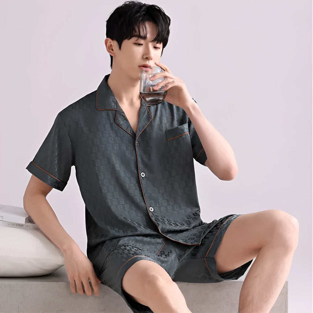 Men's lightweight ice silk pajama set in jacquard pattern with shorts length and cardigan style