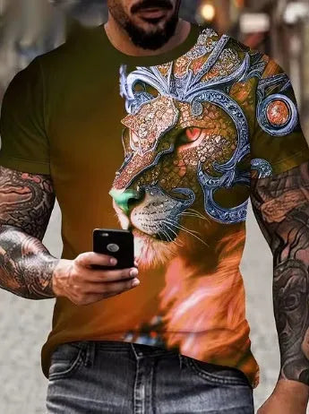 Men's grey T-shirt with a fierce lion's head in raised 3D print on the front.