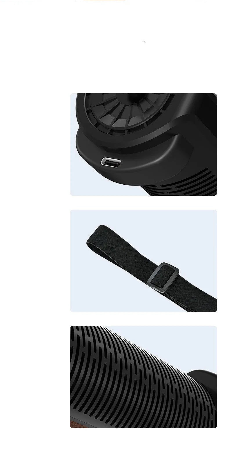 Black ventilated rear bladeless car fan with USB power cord on a car dashboard.