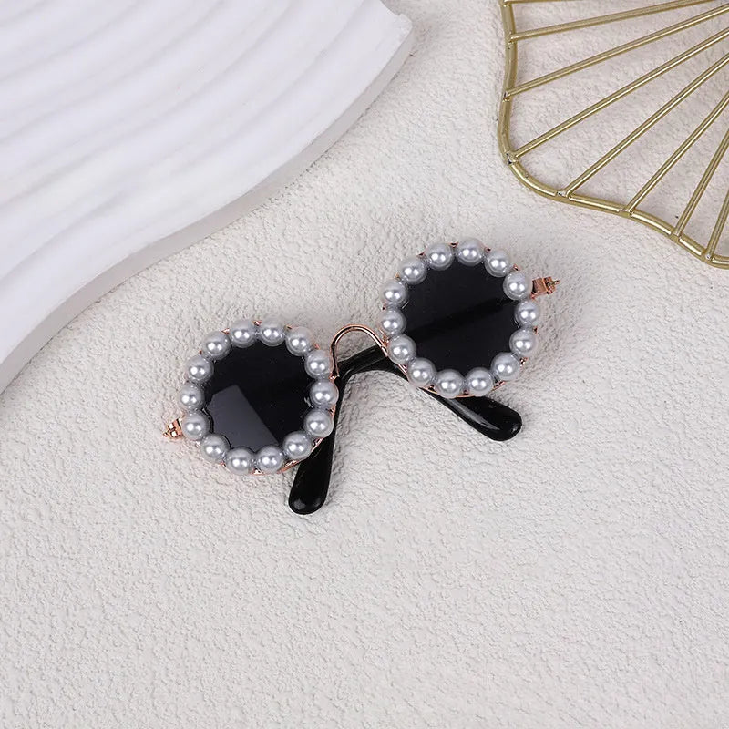 Cat and dog pearl-rimmed round sunglasses in multiple colours for pet party dress-up