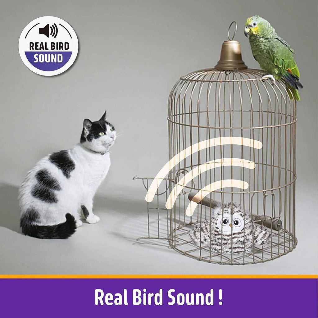 Grey owl-shaped automatic cat toy with flapping wings measuring 10×14 cm