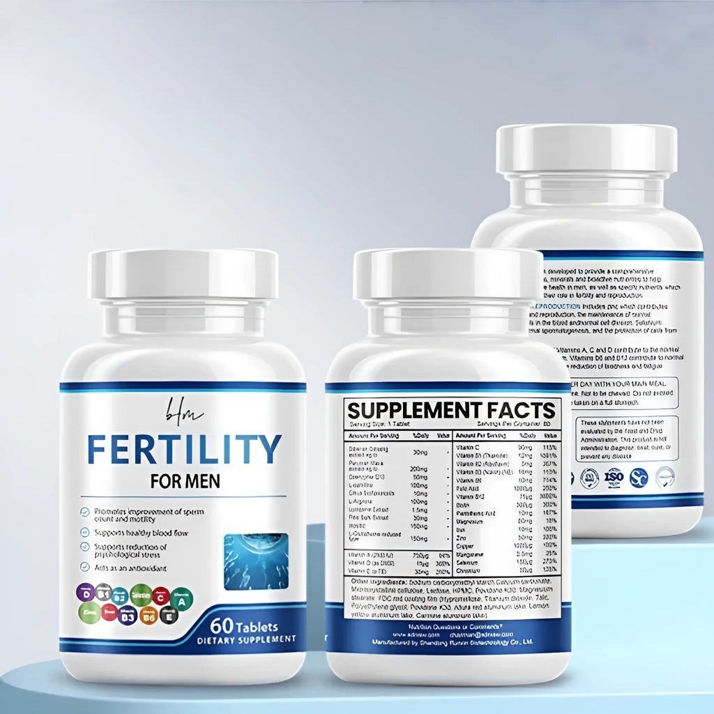 Bottle of male fertility tablets with 60 tablets, complex of vitamins minerals and amino acids, sealed for cool dry storage