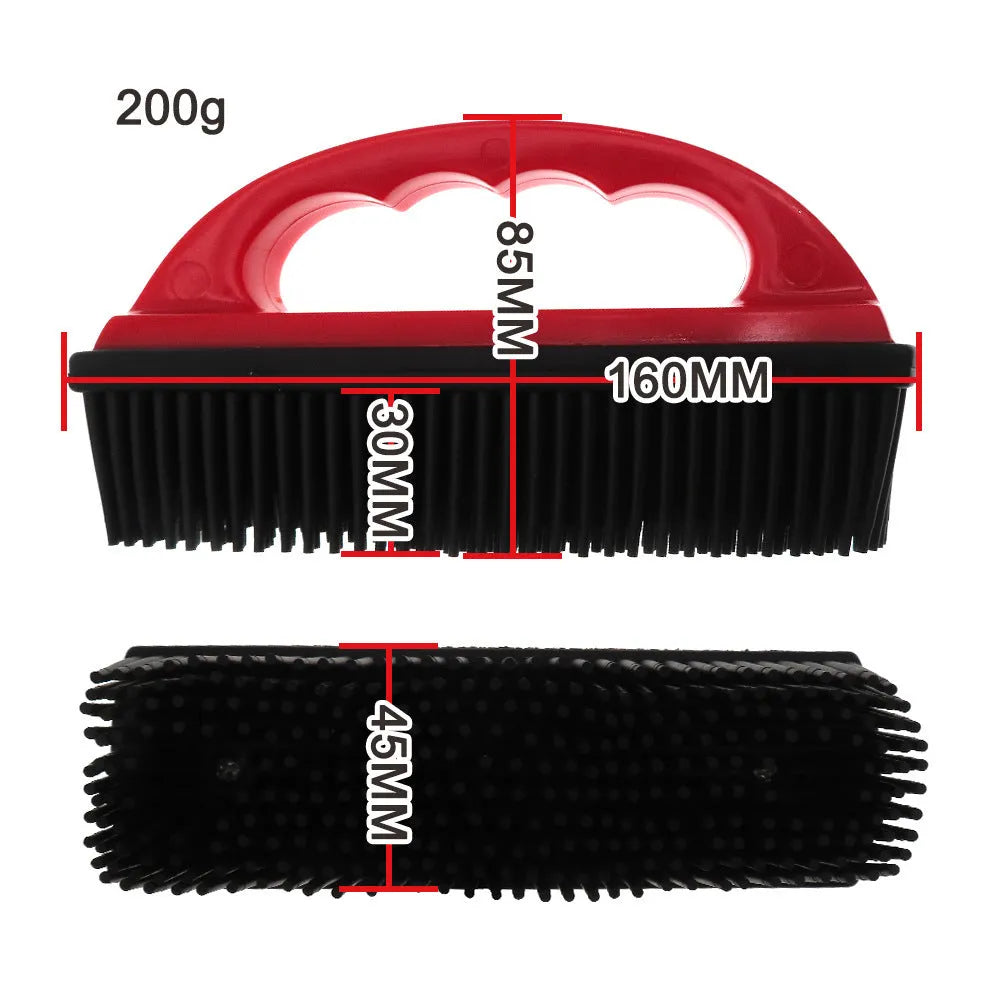 Red plastic pet hair removal brush for dog and cat grooming and carpet cleaning, dimensions 160mm by 85mm