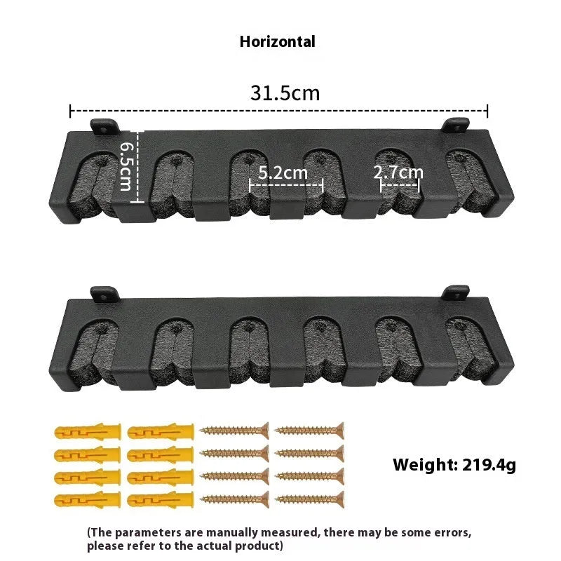 Black ABS plastic wall-mounted fishing rod holder for upright or horizontal storage.