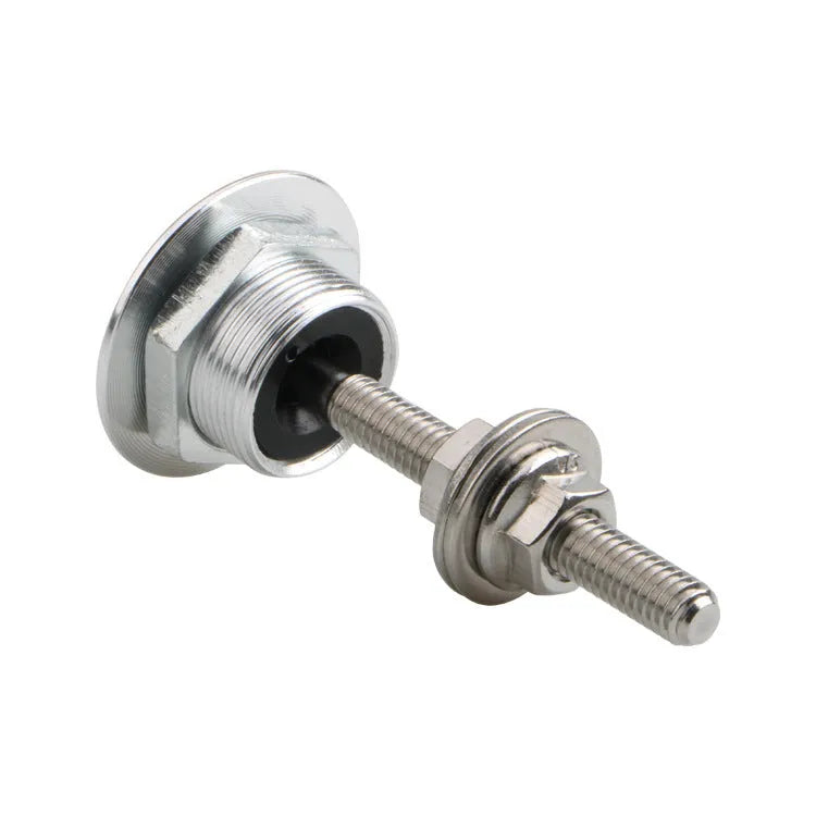 30mm diameter aluminium car engine cover lock with a button head, shown with a 55mm screw, in red finish.