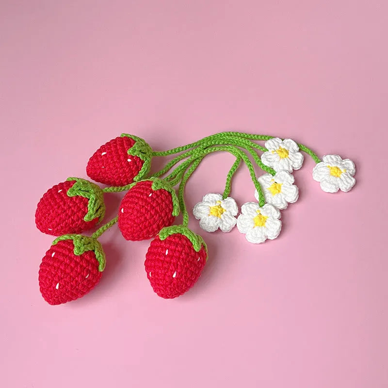 Handmade wool crochet strawberry pendant necklace in red or pink colour with 35cm length