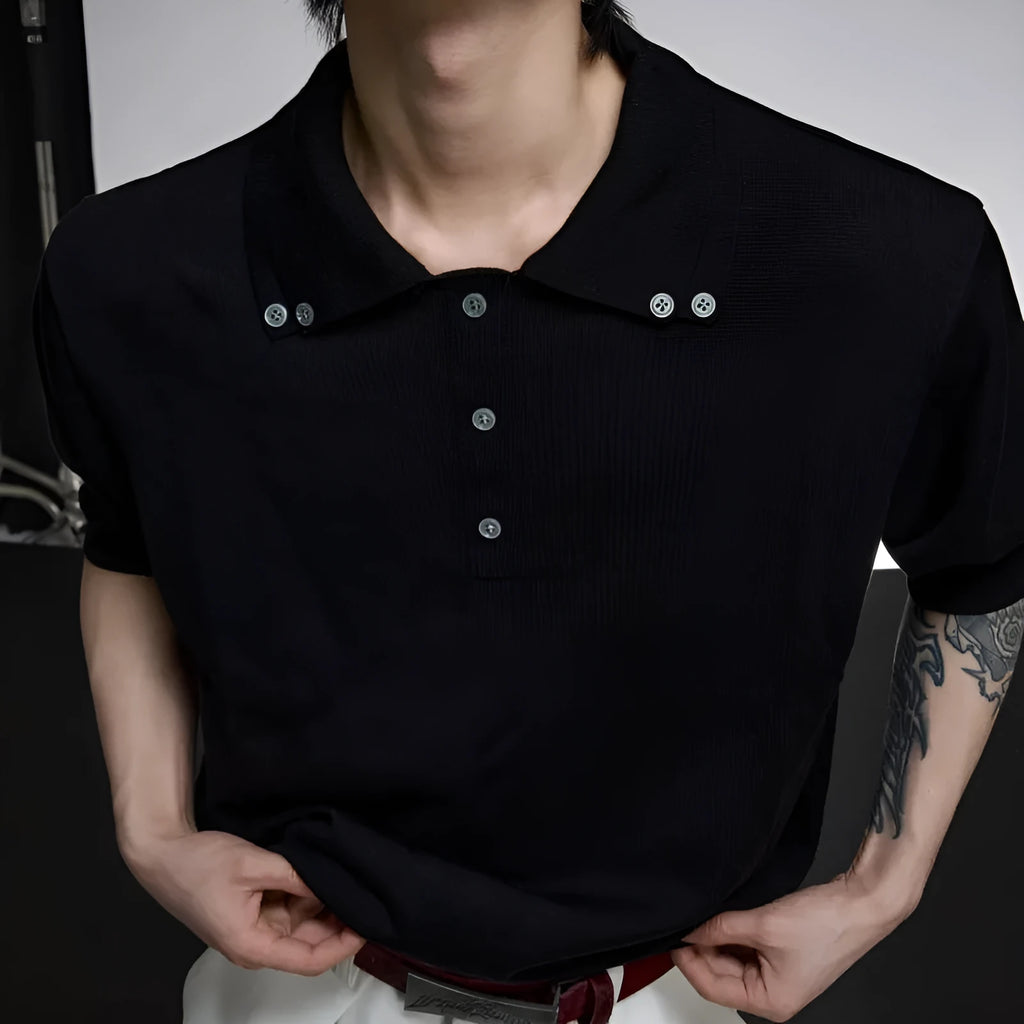Men's black short sleeve knit shirt with a double collar lapel design and slim loose fit