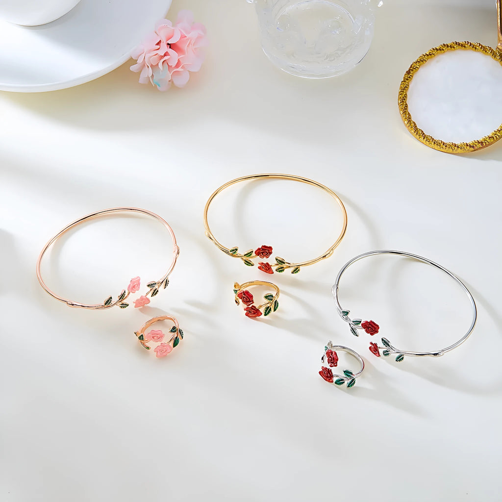 Rose open bracelet and ring set for women, electroplated copper, three colour options, European American style