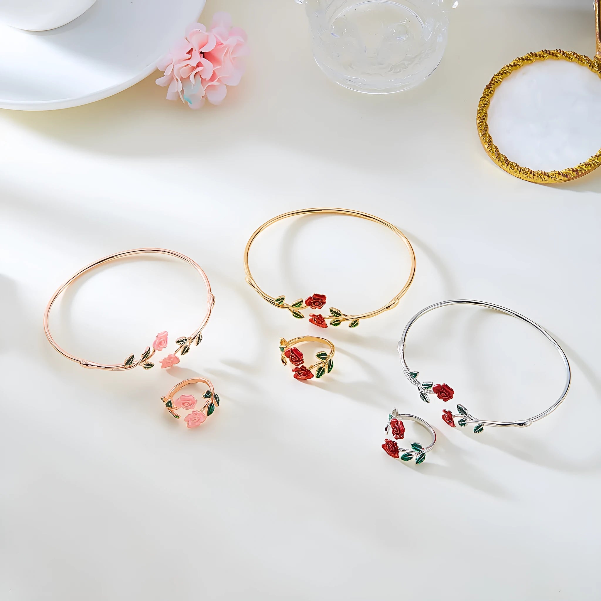 Rose open bracelet and ring set for women, electroplated copper, three colour options, European American style