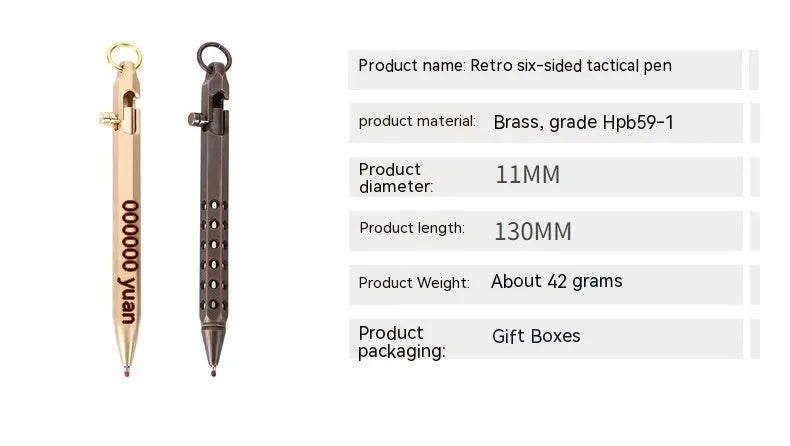 Brass hexagonal bolt pen with 6-angle design showing length and diameter dimensions