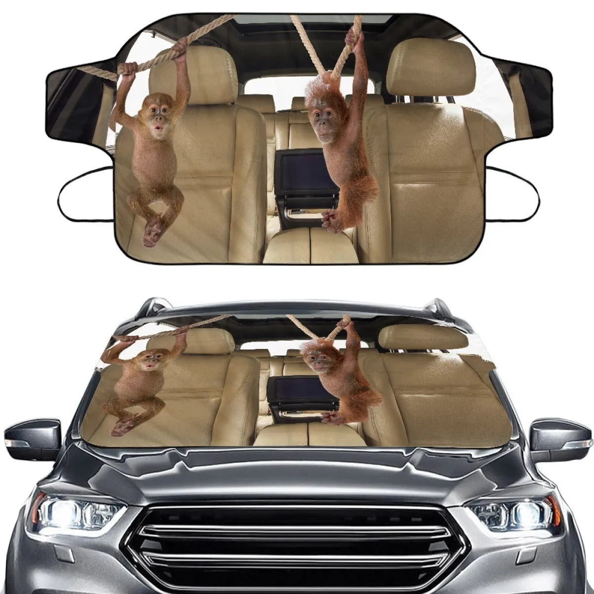 Car front snow protection cover made from silver aluminium foam polyester fabric with black lanyard installation system
