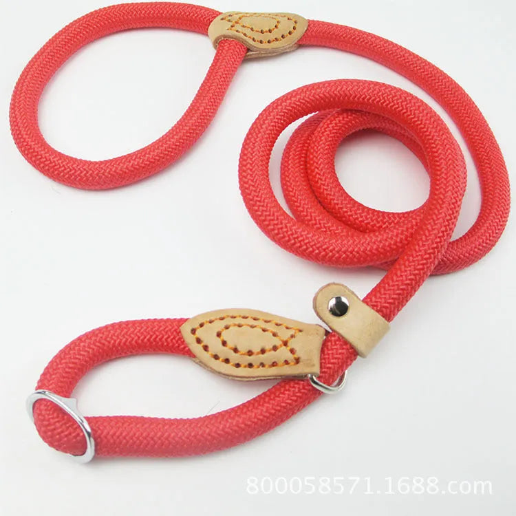 Brown nylon dog leash with a metal P-chain integrated into the handle loop.