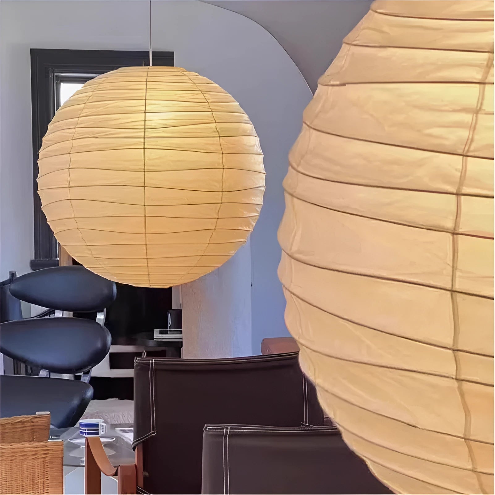 Japanese-style rice paper ball pendant chandelier in living room setting