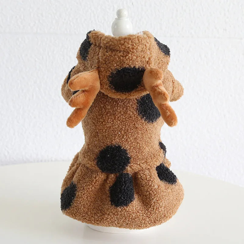 Polka dot elk couple print pet clothing for dogs or cats in skirt and four-legged styles.