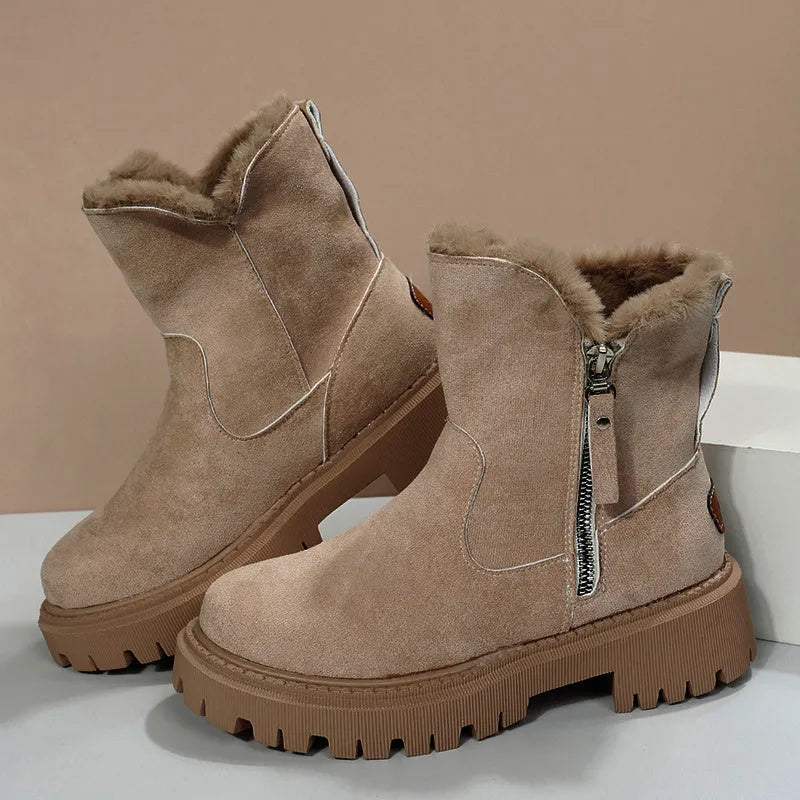 Women's black thick plush high-top snow boot with side zip and non-slip rubber sole.