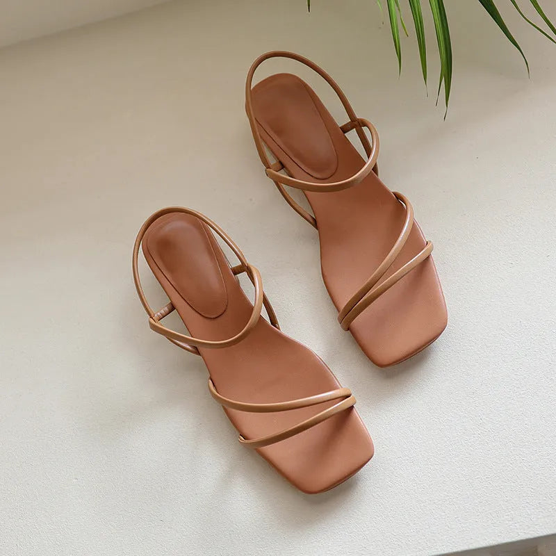 Flat strap open-toed Roman sandals women square head microfiber solid colour green