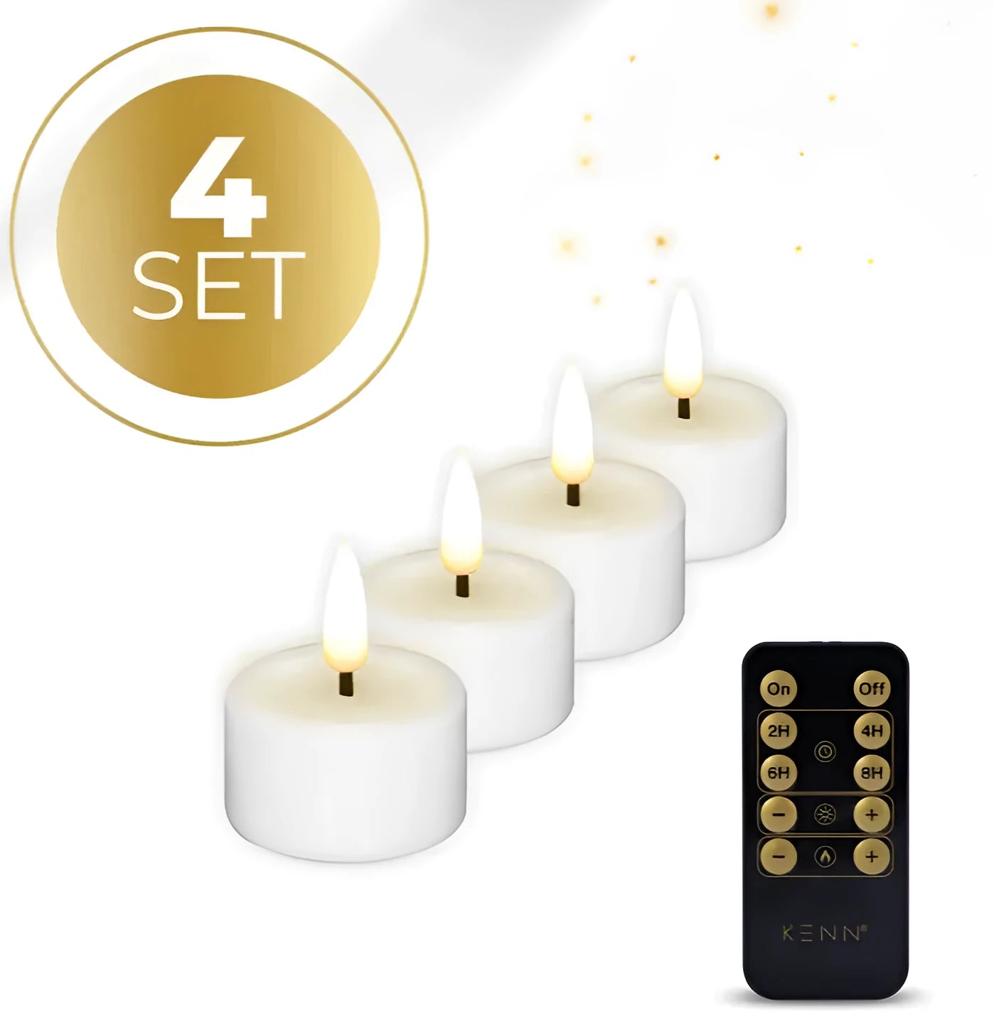 Four white S4 LED flameless tealight candles with flickering light, shown in a row.