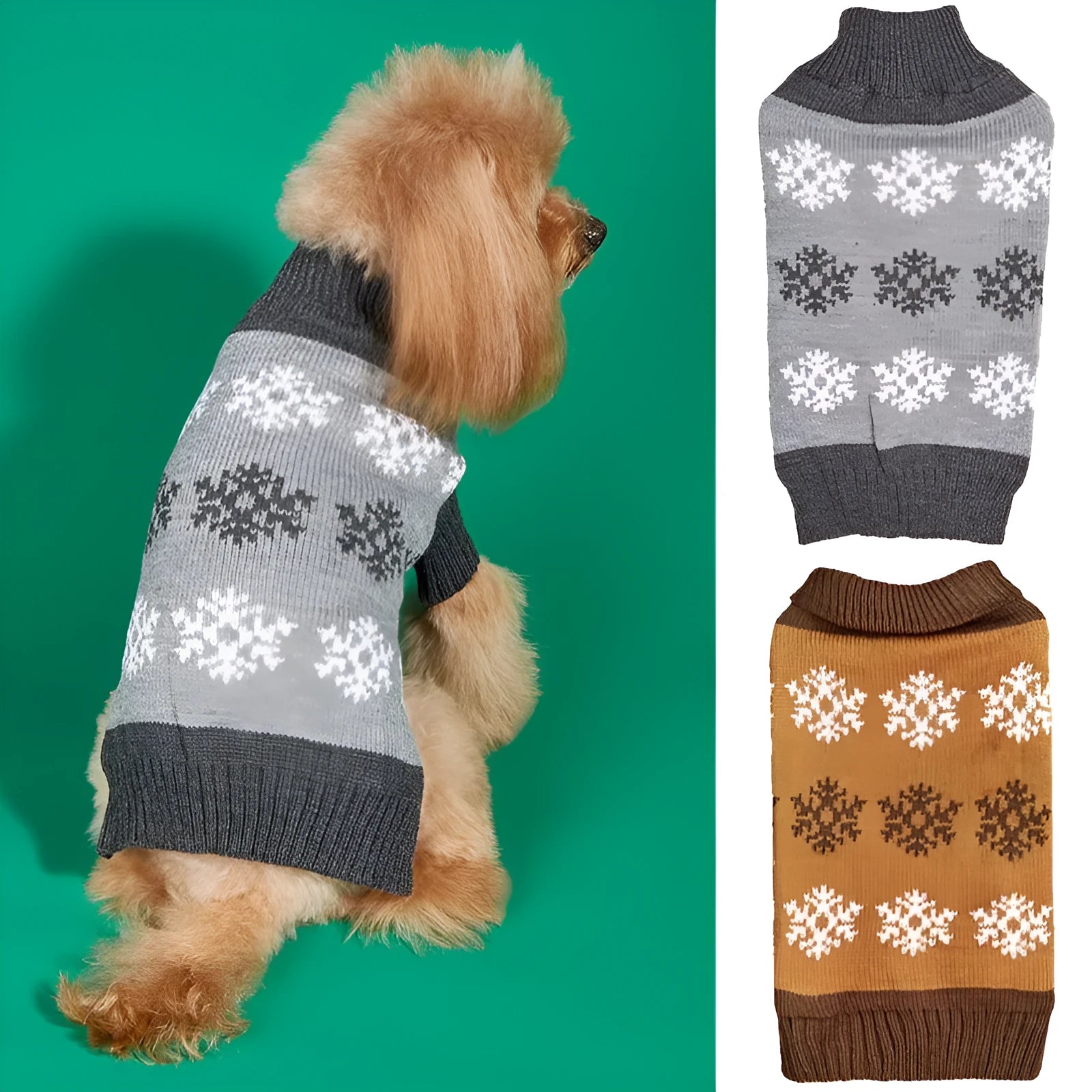 Grey dog Christmas sweater with snowflake pattern on a small breed pet