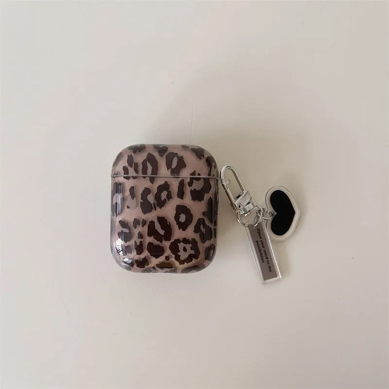 Transparent brown leopard printed PC earphone sleeve for Apple AirPods charging case with snap-on fit
