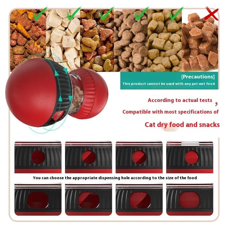 Plastic rotating cat toy in super ball colour that makes sounds and drops food
