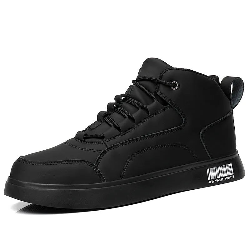 Men's white casual mid-top board shoes with round toe, lace-up front, and low-profile rubber sole.
