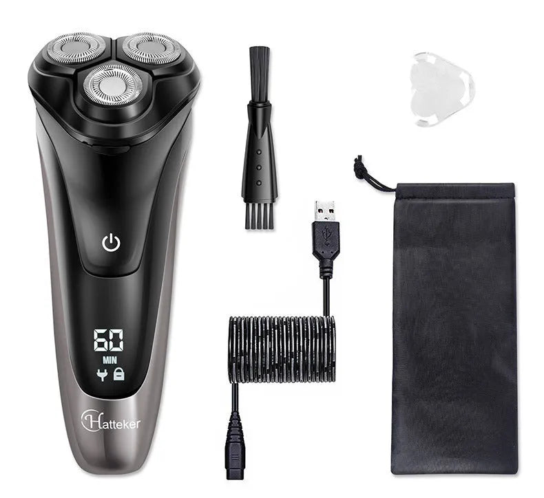 Electric shaver with three floating cutter heads and pop-up sideburn trimmer on display