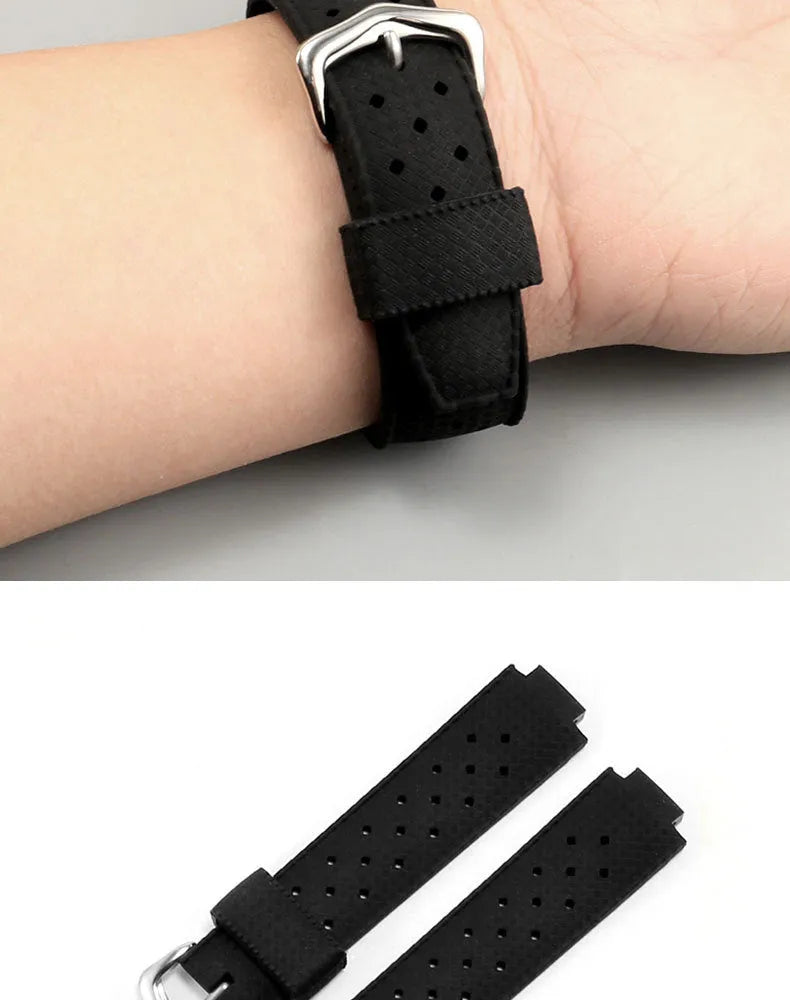 Black silicone watch strap with raised mouth and silver buckle, fitting 20-22mm lugs