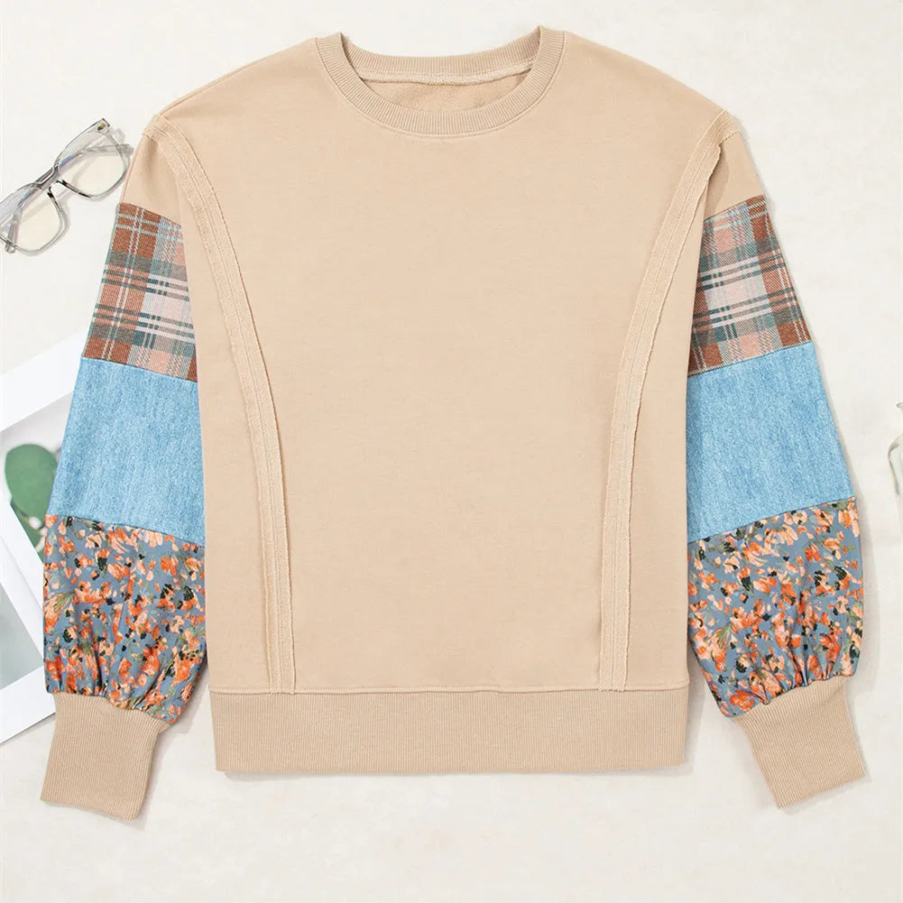 Women's loose fit plaid long sleeve top in apricot colour with regular sleeves