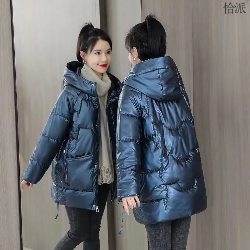 Loose thick hooded winter jacket for women in black, blue, green, or champagne colour
