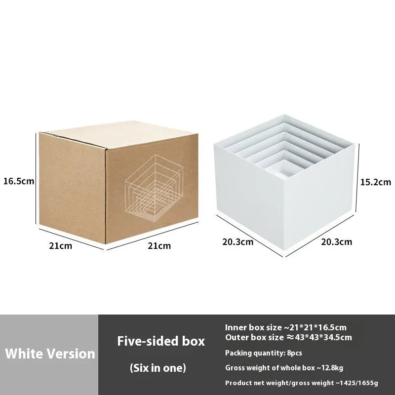 Six white plastic cube-shaped dessert display stands arranged in two rows for patisserie presentation